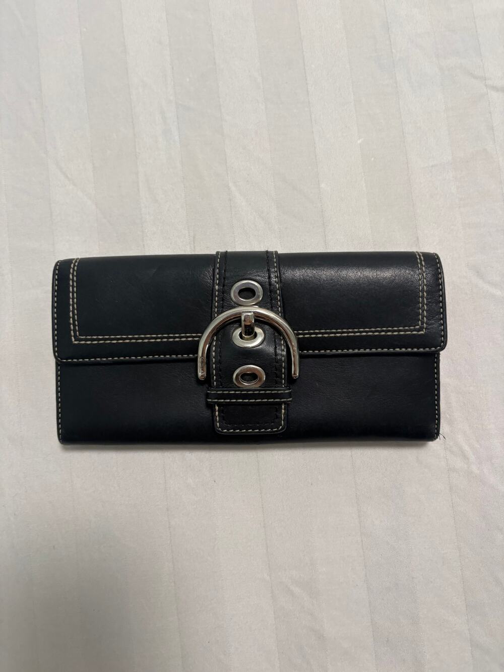 Vintage Coach Black Leather Buckle Continental Wallet Y2K Silver Hardware